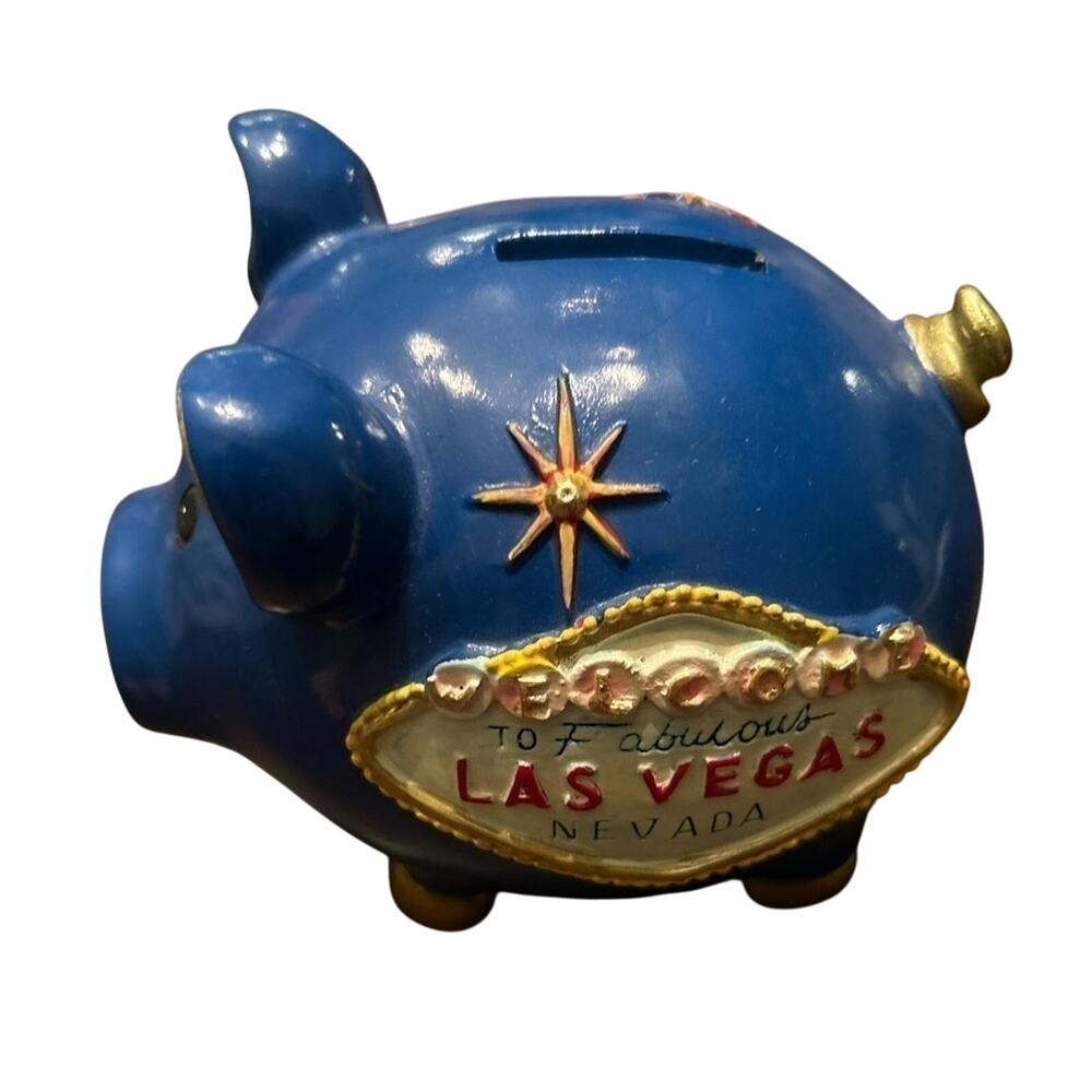 Fabulous Las Vegas Nevada‎ Blue Gold Money Piggy Bank Fun Colorful Home Decor